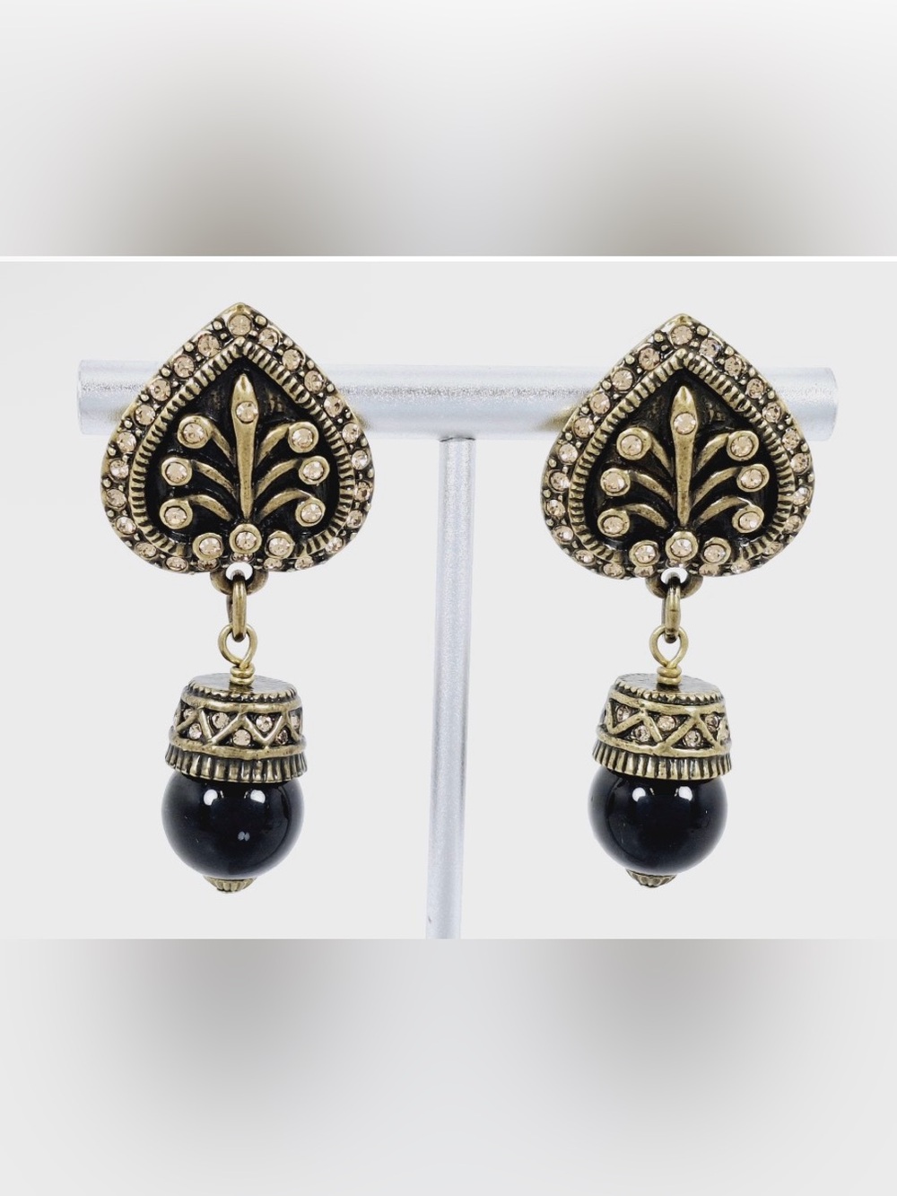 HEIDI DAUS Signed Antique Bronze Austrian Rhinestones Drop Dangle Earings
